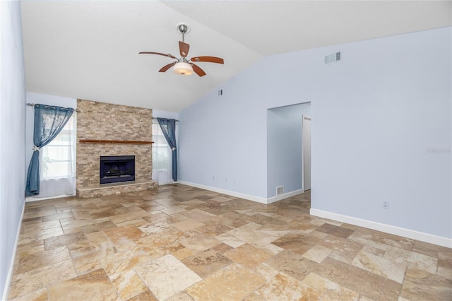 1155 Osceola Blvd, Englewood, FL 34223 - unfurnished living room with vaulted ceiling, visible vents, a ceiling fan, and stone tile flooring