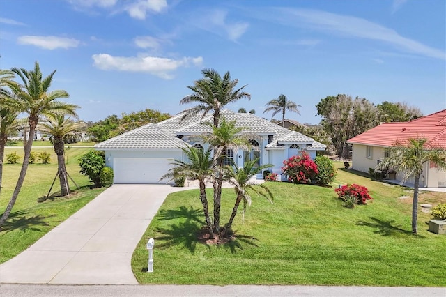 11 Amberjack Ln, Placida, FL 33946 - mediterranean / spanish-style house with an attached garage, concrete driveway, stucco siding, and a front lawn