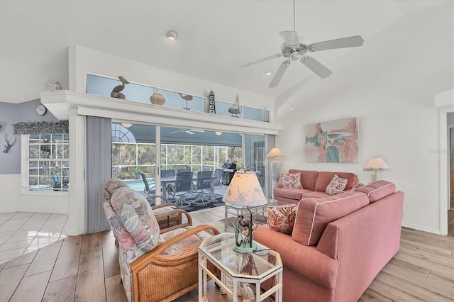 11 Amberjack Ln, Placida, FL 33946 - living room featuring high vaulted ceiling, ceiling fan, recessed lighting, and wood finished floors