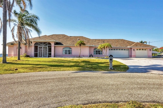 view of front of home with an attached garage, driveway, a front yard, and stucco siding
