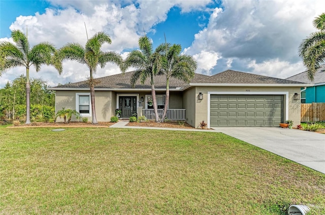 9211 Koma St, Port Charlotte, FL 33981 - ranch-style house featuring covered porch, a garage, stucco siding, concrete driveway, and a front yard