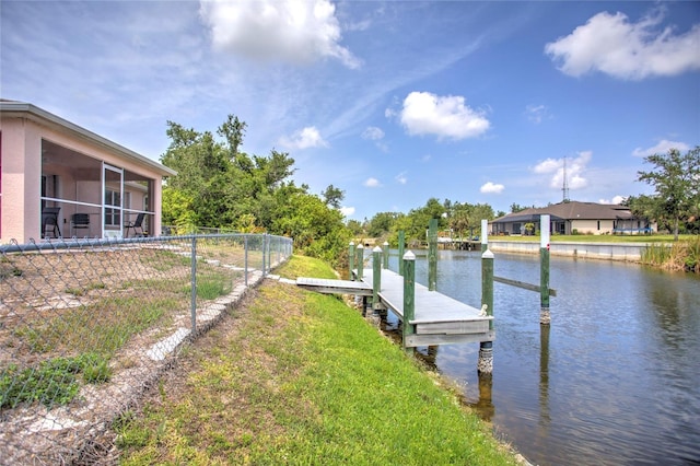 dock area featuring a water view and fence