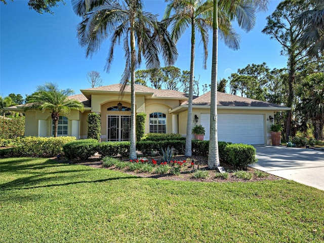 237 Rotonda Blvd E, Rotonda West, FL 33947 - ranch-style house with stucco siding, a garage, driveway, a front lawn, and french doors