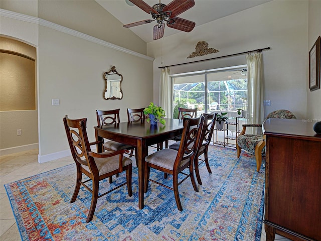 237 Rotonda Blvd E, Rotonda West, FL 33947 - dining space with a ceiling fan, lofted ceiling, baseboards, and light tile patterned flooring