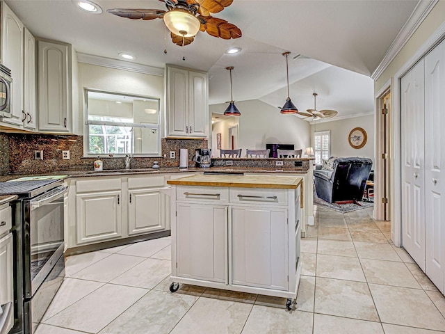 237 Rotonda Blvd E, Rotonda West, FL 33947 - kitchen featuring ceiling fan, electric stove, a sink, crown molding, and open floor plan