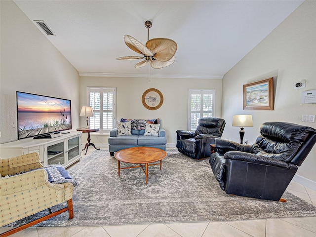 237 Rotonda Blvd E, Rotonda West, FL 33947 - living area with plenty of natural light, ceiling fan, tile patterned floors, baseboards, and crown molding