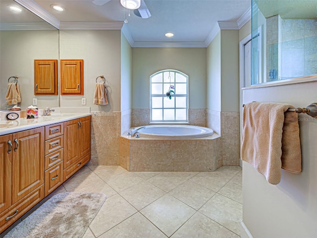 237 Rotonda Blvd E, Rotonda West, FL 33947 - bathroom featuring tile patterned floors, double vanity, crown molding, ceiling fan, and a garden tub