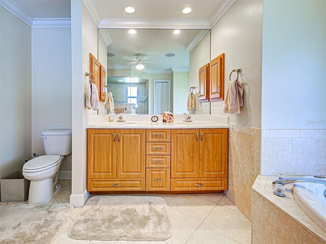 237 Rotonda Blvd E, Rotonda West, FL 33947 - bathroom featuring ornamental molding, toilet, ceiling fan, double vanity, and a bath
