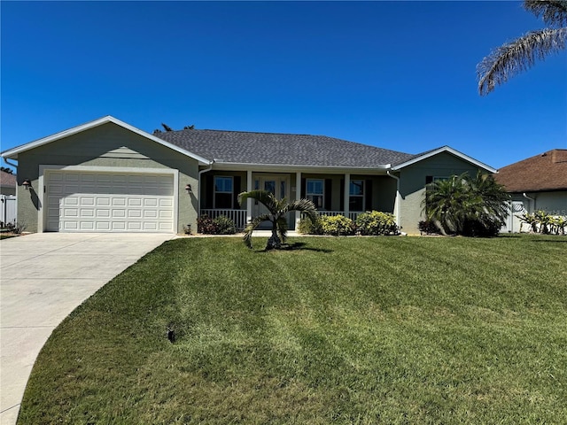 174 Broadmoor Ln, Rotonda West, FL 33947 - ranch-style home with a garage, a porch, driveway, a front lawn, and stucco siding