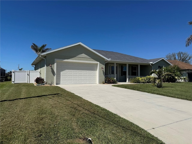 174 Broadmoor Ln, Rotonda West, FL 33947 - ranch-style house with an attached garage, covered porch, driveway, stucco siding, and a gate
