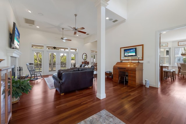 9144 Spring Valley Rd, Englewood, FL 34224 - living room featuring ceiling fan, french doors, wood finished floors, a high ceiling, and recessed lighting