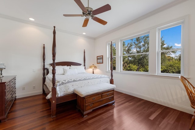 9144 Spring Valley Rd, Englewood, FL 34224 - bedroom with baseboards, dark wood-style floors, crown molding, a ceiling fan, and recessed lighting
