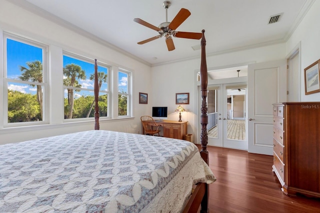 9144 Spring Valley Rd, Englewood, FL 34224 - bedroom with dark wood-type flooring, ornamental molding, french doors, and a ceiling fan