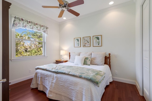 9144 Spring Valley Rd, Englewood, FL 34224 - bedroom with baseboards, dark wood-type flooring, ornamental molding, recessed lighting, and ceiling fan