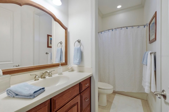 9144 Spring Valley Rd, Englewood, FL 34224 - bathroom featuring vanity, toilet, crown molding, and a shower with curtain