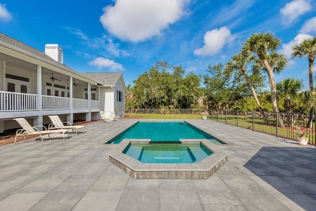 9144 Spring Valley Rd, Englewood, FL 34224 - view of swimming pool with ceiling fan, a patio area, fence, and a pool with connected hot tub