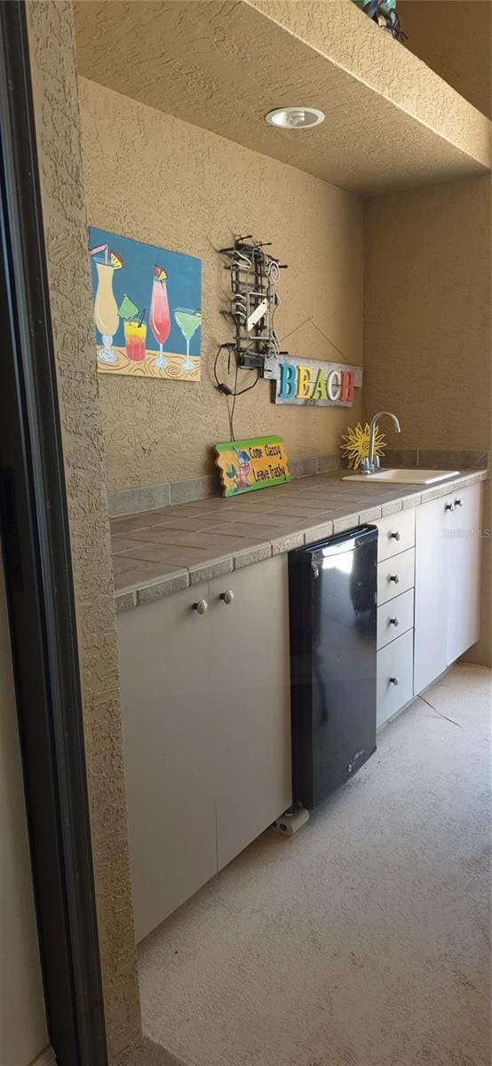 19 Medalist Way, Rotonda West, FL 33947 - indoor wet bar with a textured wall, light carpet, and fridge