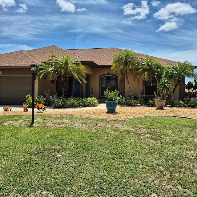19 Medalist Way, Rotonda West, FL 33947 - ranch-style house featuring a front yard, an attached garage, stucco siding, and driveway