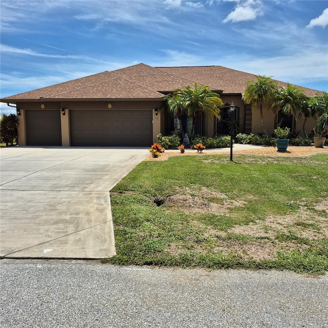19 Medalist Way, Rotonda West, FL 33947 - single story home with concrete driveway, an attached garage, a front lawn, and stucco siding