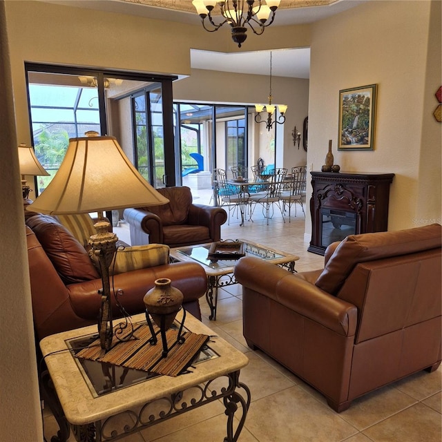 19 Medalist Way, Rotonda West, FL 33947 - living area featuring a chandelier and light tile patterned floors