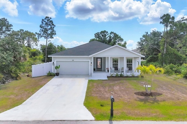 single story home with covered porch, an attached garage, concrete driveway, roof with shingles, and stucco siding
