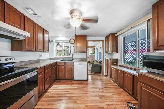857 Palmetto St, Englewood, FL 34223 - kitchen featuring appliances with stainless steel finishes, a sink, a ceiling fan, light wood-style flooring, and under cabinet range hood