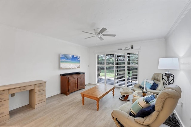 149 Englewood Isles Parkway Unit 603, Englewood, FL 34223 - living room featuring light wood-style floors, ceiling fan, ornamental molding, and baseboards