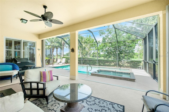 142 Savona Way N, Venice, FL 34275 - view of patio with an in-ground hot tub, an outdoor pool, ceiling fan, and a lanai