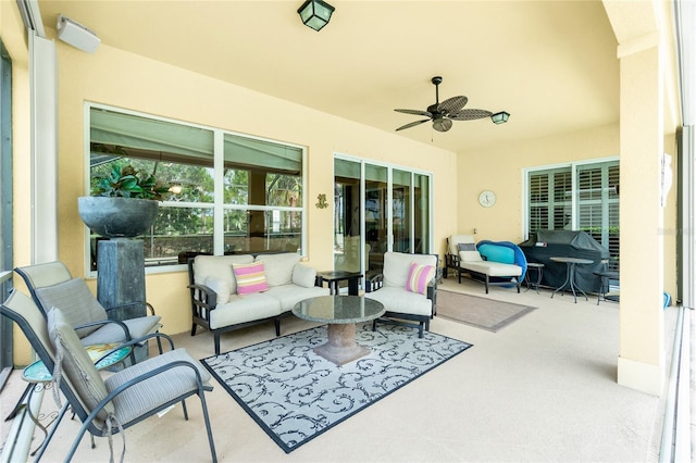 142 Savona Way N, Venice, FL 34275 - view of patio featuring outdoor lounge area, a ceiling fan, and grilling area