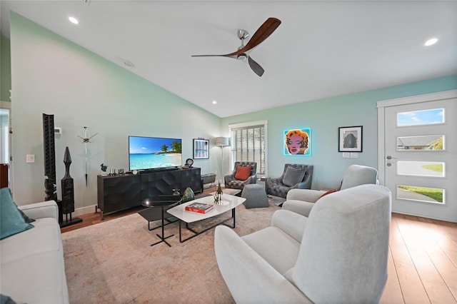 171 Mark Twain Ln, Rotonda West, FL 33947 - living room with ceiling fan, wood finished floors, recessed lighting, and high vaulted ceiling