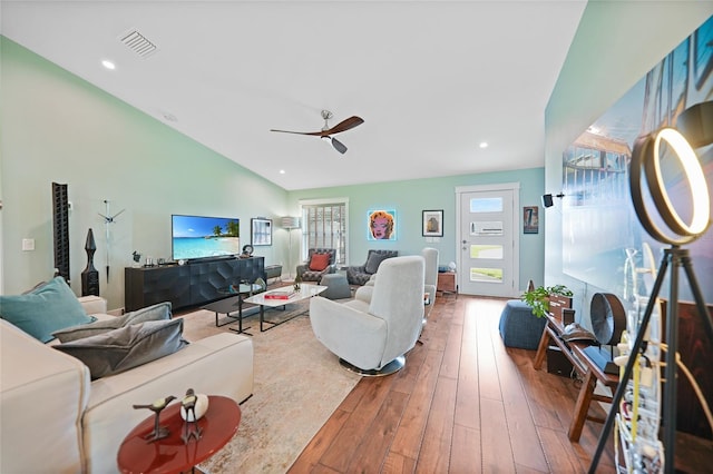 171 Mark Twain Ln, Rotonda West, FL 33947 - living area featuring hardwood / wood-style floors, ceiling fan, vaulted ceiling, healthy amount of natural light, and recessed lighting
