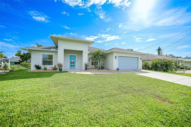 171 Mark Twain Ln, Rotonda West, FL 33947 - view of front of house with driveway, stucco siding, an attached garage, and a front lawn