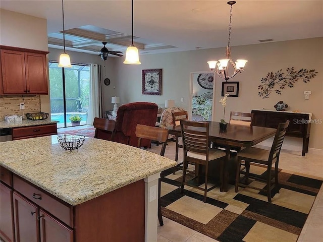 142 Yellow Pine Dr, Rotonda West, FL 33947 - dining space featuring coffered ceiling, light tile patterned flooring, a chandelier, a ceiling fan, and beam ceiling