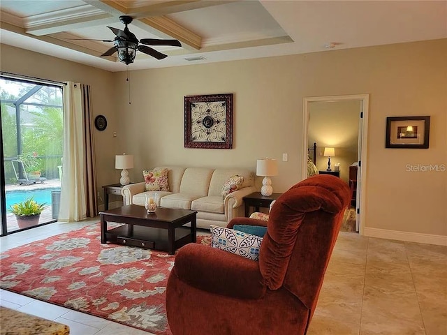 142 Yellow Pine Dr, Rotonda West, FL 33947 - living room with coffered ceiling, light tile patterned flooring, ceiling fan, beam ceiling, and baseboards