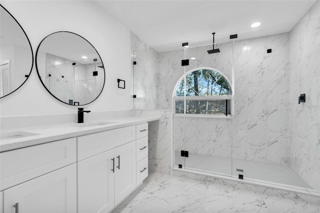 4210 Day St, Port Charlotte, FL 33948 - full bathroom with a marble finish shower, marble finish floors, double vanity, and recessed lighting
