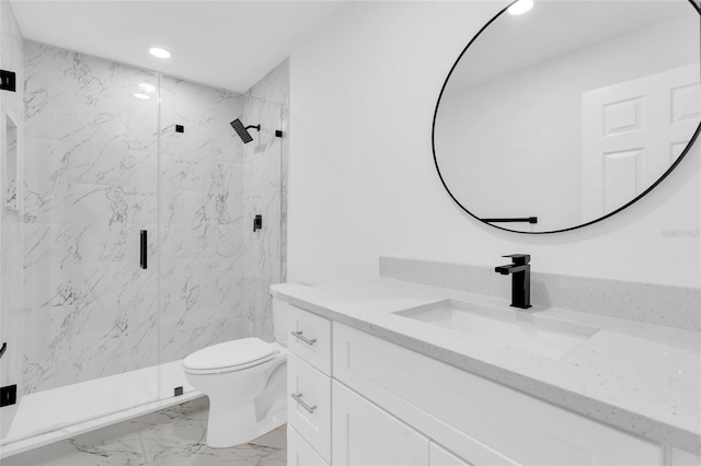 4210 Day St, Port Charlotte, FL 33948 - full bath with marble look tile flooring, toilet, a marble finish shower, recessed lighting, and vanity