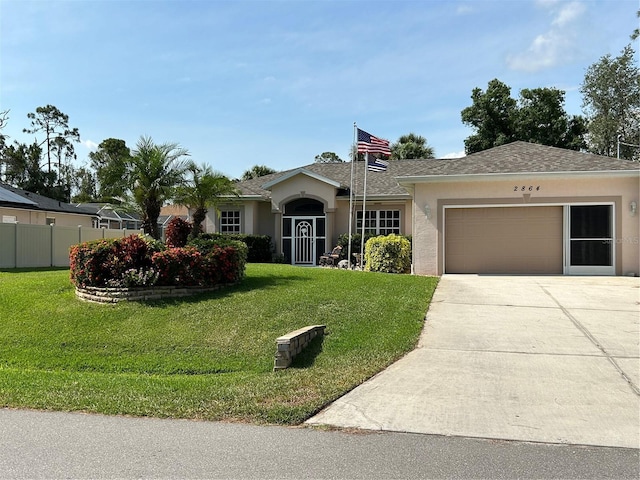 ranch-style house featuring stucco siding, concrete driveway, a garage, and a shingled roof