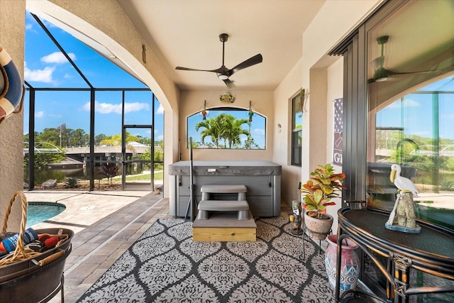 15044 San Domingo Blvd, Port Charlotte, FL 33981 - view of patio featuring a hot tub, a lanai, a ceiling fan, and an outdoor pool