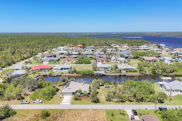 aerial view of residential area featuring a nearby body of water and a heavily wooded area