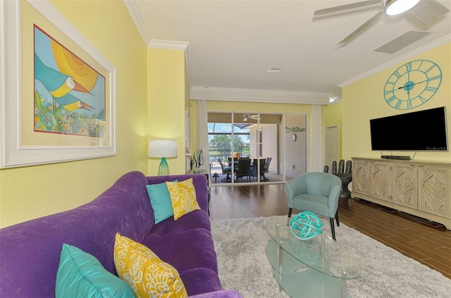 2692 Wax Myrtle Ct, Port Charlotte, FL 33953 - living area with crown molding, ceiling fan, and wood finished floors