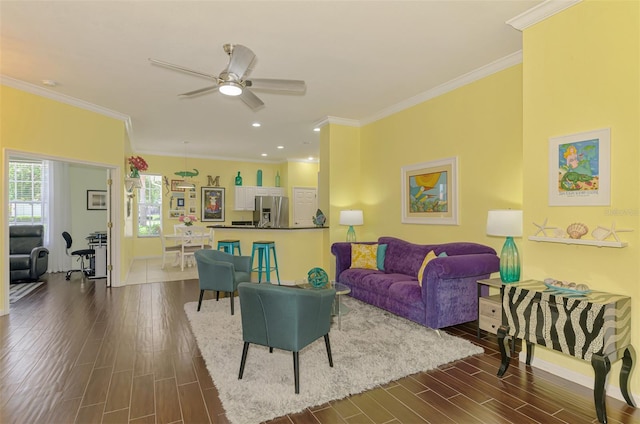 2692 Wax Myrtle Ct, Port Charlotte, FL 33953 - living area featuring ceiling fan, dark wood-style flooring, ornamental molding, recessed lighting, and baseboards