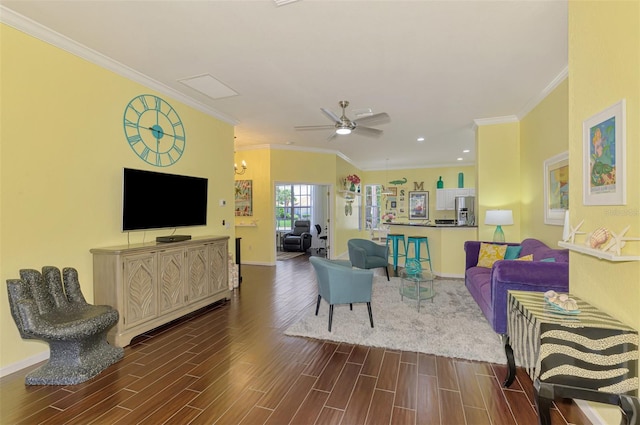 2692 Wax Myrtle Ct, Port Charlotte, FL 33953 - living room featuring a ceiling fan, baseboards, dark wood-style flooring, crown molding, and recessed lighting