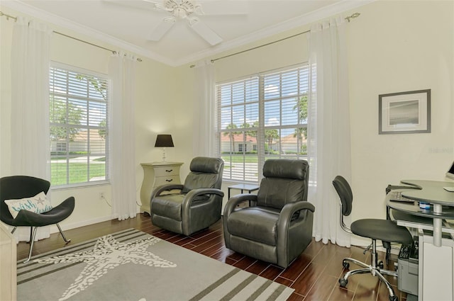 2692 Wax Myrtle Ct, Port Charlotte, FL 33953 - sitting room with wood finished floors, ornamental molding, a ceiling fan, and baseboards