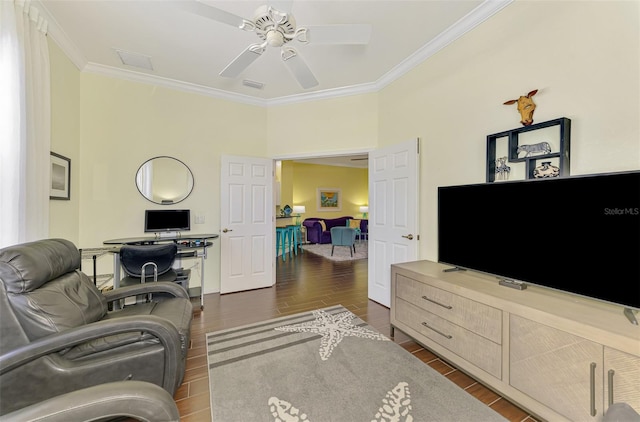 2692 Wax Myrtle Ct, Port Charlotte, FL 33953 - living room with ornamental molding, ceiling fan, dark wood finished floors, a desk, and baseboards