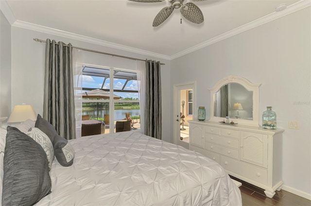 2692 Wax Myrtle Ct, Port Charlotte, FL 33953 - bedroom featuring ornamental molding, a water view, baseboards, dark wood-style floors, and a ceiling fan