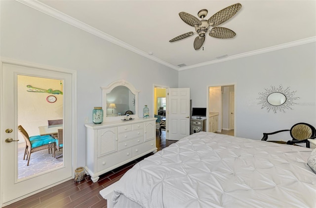 2692 Wax Myrtle Ct, Port Charlotte, FL 33953 - bedroom with crown molding, dark wood-style floors, ensuite bathroom, ceiling fan, and baseboards