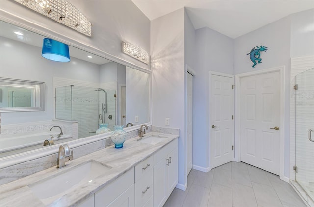 2692 Wax Myrtle Ct, Port Charlotte, FL 33953 - bathroom featuring a shower stall, double vanity, and tile patterned flooring