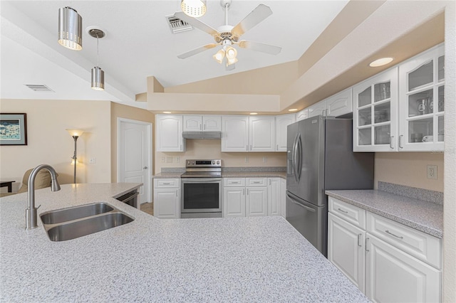 1157 Rotonda Cir, Rotonda West, FL 33947 - kitchen featuring appliances with stainless steel finishes, a sink, a ceiling fan, glass insert cabinets, and white cabinetry