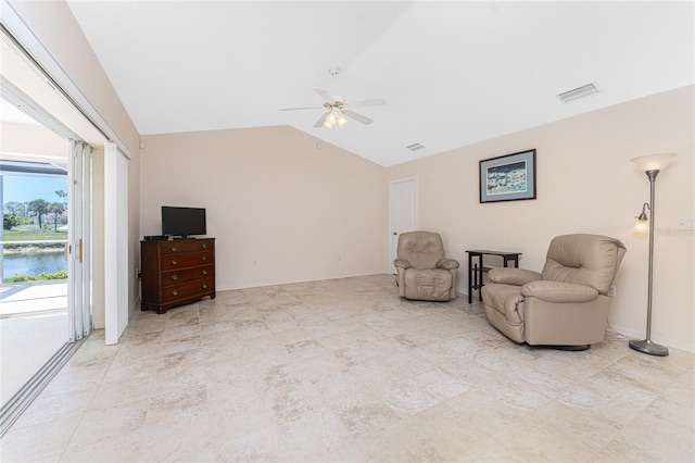 1157 Rotonda Cir, Rotonda West, FL 33947 - sitting room with ceiling fan, vaulted ceiling, and a water view