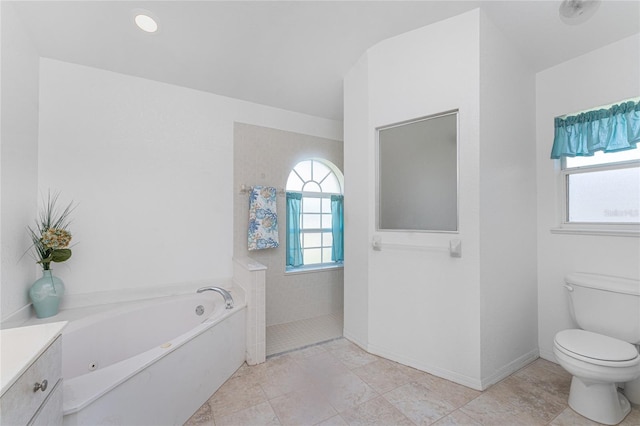 1157 Rotonda Cir, Rotonda West, FL 33947 - bathroom featuring toilet, a garden tub, walk in shower, and vanity